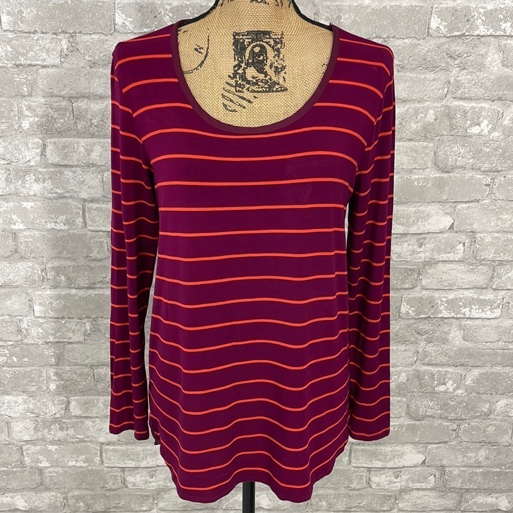 Bordeaux Striped Chiffon Back Long Sleeve Top